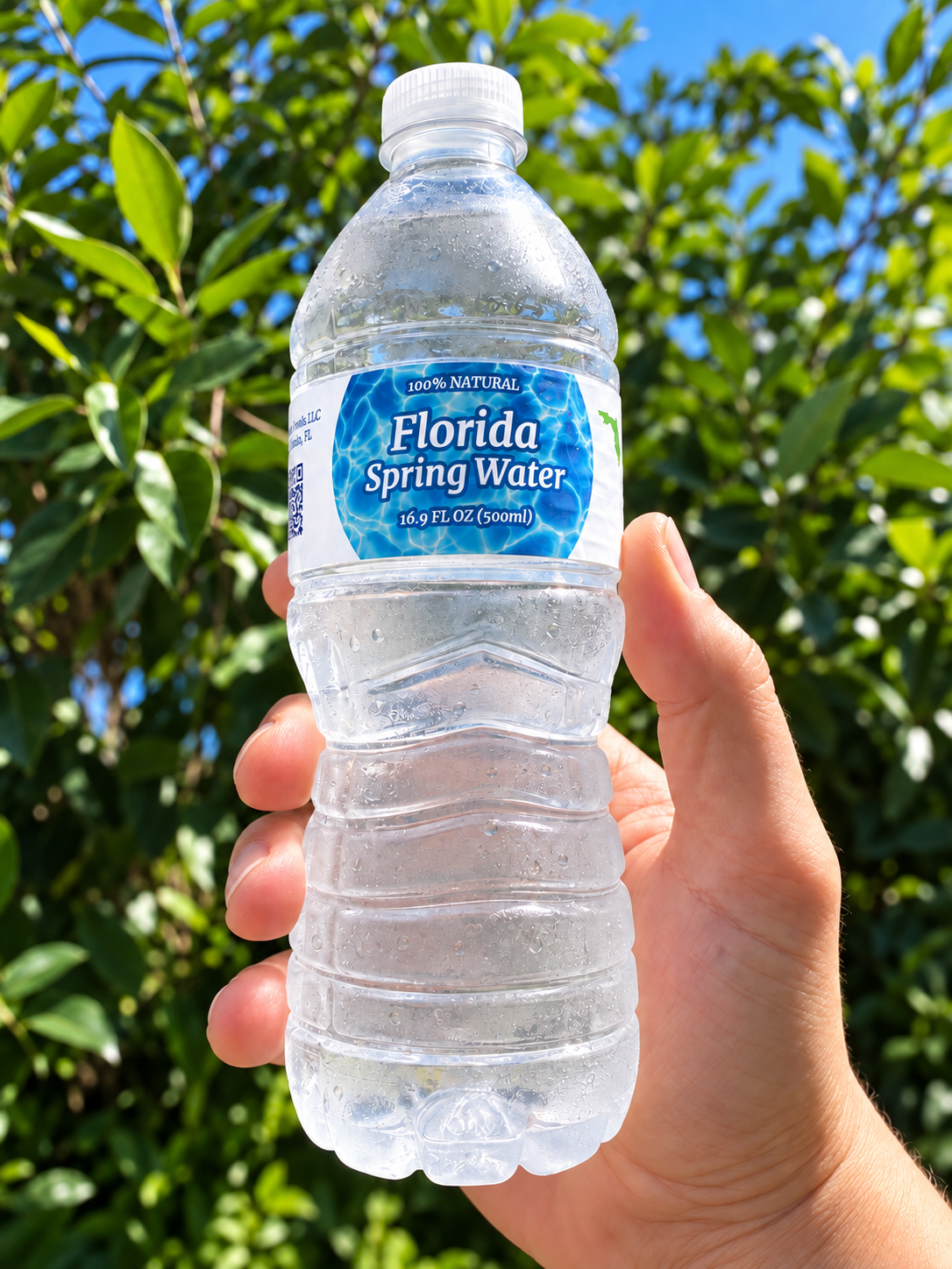 Cold bottle of Florida Spring Water held outdoors against green foliage